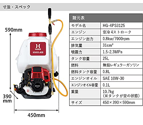 HAIGE(ハイガー) エンジン噴霧器 4スト 背負い式 エンジン式 25リットル 動力噴霧器 HG-4PS3125 除草剤 防除機 背負い 背負式噴霧機 背負式 害虫駆除 農薬 消毒 除草 散布機 噴射機 菜園 園芸 ガーデニング4サイクル 9枚目