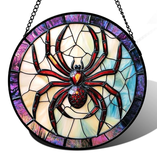 Image of Stained Glass Window Hanging - Halloween Decorations Red Spider Goth Suncatcher for Doors Garden Indoor Funny Spooky Sun Catchers Gothic Decor Horror Gifts for Women Men Friend 7.8 in