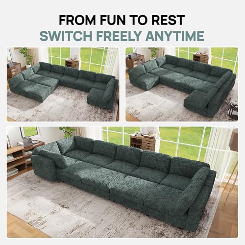 Image of 157 inch Modular Sectional Chenille Sofa bed with Hidden Storage, Comfy Modern 10 Seater Oversized Deep Seat Couch, Modular Sectional with Ottoman and Removable Cover for Living Room, Apartment, Green