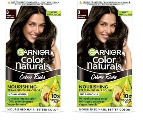 Image of Garnier, Hair Colouring Creme, Long-lasting Colour, Smoothness & Shine, Color Naturals, Shade: 3 Darkest Brown, 70ml + 60g (Pack of 2)