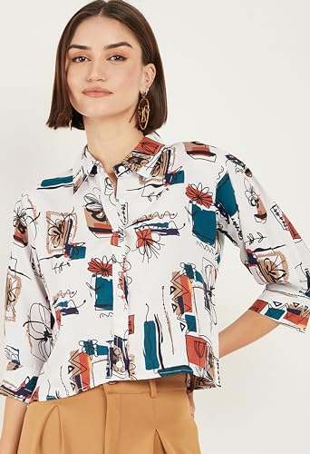 Image of ALL YOURS Women Women's Blue Boxy Floral Printed Casual Shirt (ALLSH5001 TUR XS)