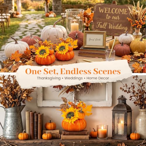 Image of DomeStar Pumpkin Decor, Fall Centerpieces for Tables, Artificial Pumpkins | Sunflowers Maple Leaves Berry Clusters, Decorating Fall & Thanksgiving Decor Harvest, Tabletop Home Kitchen Party