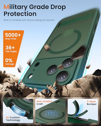 Image of Vihibii for iPhone 17 Pro Cover with Stand & Camera Control, [Compatible with Magsafe], Full-Cover Lens Protection, Rugged Hard Back & Silicone Edge, Non-Slip Translucent Slim Case, 6.3 inch 2025, Green