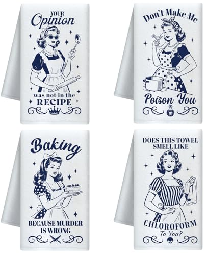 CUTHOLLOW Juego de 4 Paños de Cocina Divertidos, Paños Cocina Ama de Casa Horneando, Toallas Decorativas Microfibra para Cocina, Café, Bar, Hogar, Cumpleaños