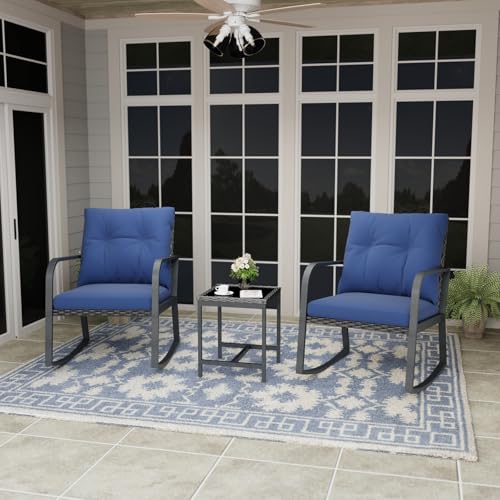 Temminkii Bistro 3 Piece Patio Furniture Set, Patio Table and Rattan Outdoor Rocking Chairs Set of 2, Outdoor Bistro Conversation Set for Garden, Balcony, Poolside, Backyard, Blue