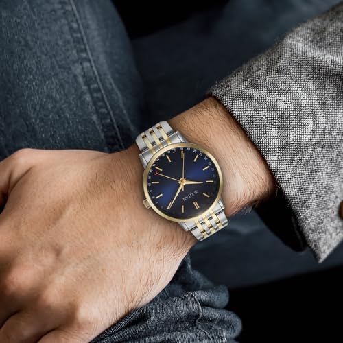 Image of Titan Elegance Analog with Date by Hand and Blue Dial Stainless Steel Dual Tone Strap Watch for Men - 90202BM01