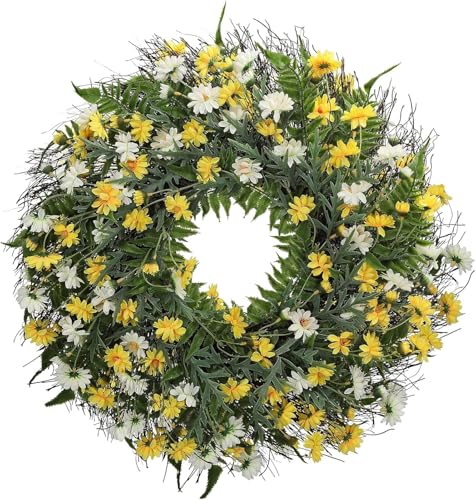 Corona de puerta, corona navideña artificial, corona de margaritas artificiales, corona de primavera y verano de 22 pulgadas, coronas florales de margaritas, corona de primavera de flores artificiales