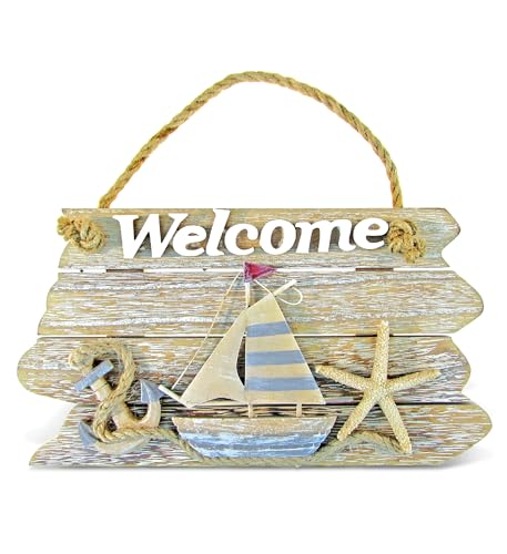 CoTa Global Vintage Welcome Nautical Decor Sign - Nautical Themed Wood Sign, Beach Decor for Wall, Novelty Vintage Starfish, Sailboat and Anchor Hanging Wooden Figure