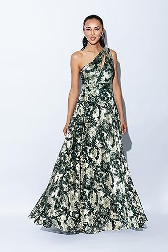 Image of Betsy & Adam Women's Long Sleeveless One Shoulder Metallic Print Gown, Green /Gold, 12