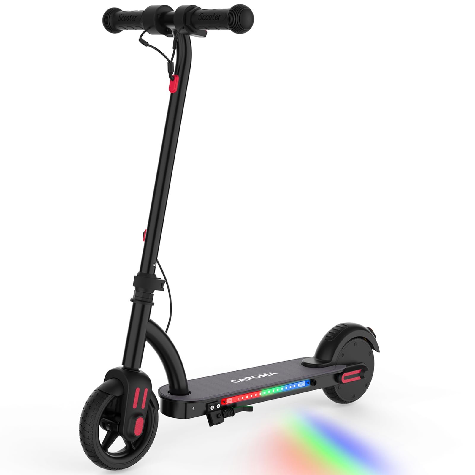 Caroma Electric Scooter for Kids Ages 6-14, 150W/180W Motor,10 MPH Max Speed,Colorful Lights, Adjustable Height & Speed,LED Display,Foldable Kids Electric Scooter 132 Lbs Max Load,Gift Idea