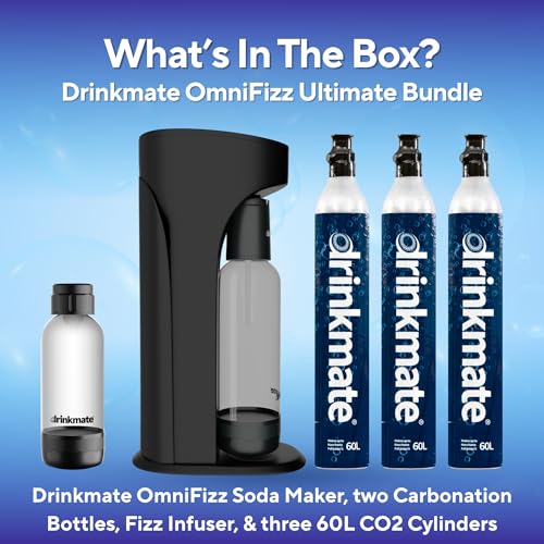 Image of Drinkmate OmniFizz Sparkling Water Maker & Soda Streaming Machine | Carbonates Any Drink | ULTIMATE BUNDLE | Includes Three 60L CO2 Cartridges + Two BPA-Free Bottles (Matte Black)