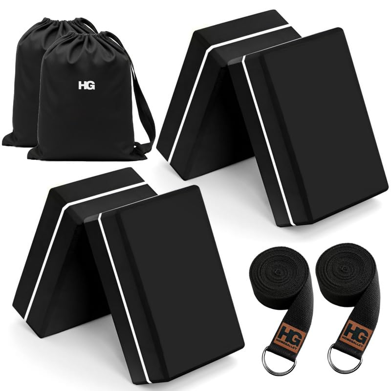 HOMEGALLEY Yoga Blocks Pack of 4 with 2 Belt for Exercise High Density Eva Exercise Block Pairs to Improve Strength, Balance, Stretching Yoga Bricks Set with Strap for Women and Men (Black and White)