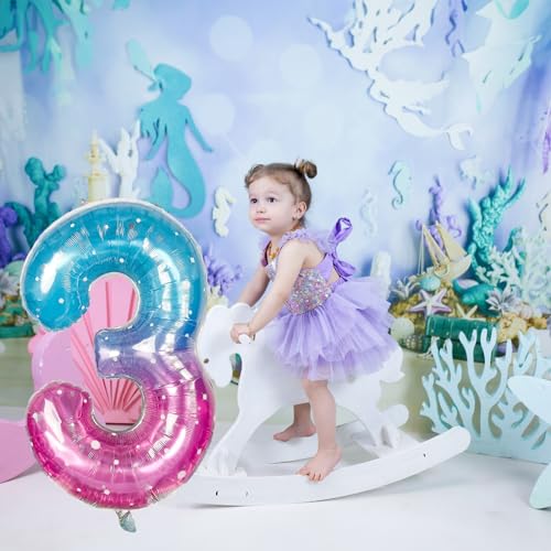 Image of Large Blue Pink Starry 3 Balloons, 40 Inch Giant Mermaid Helium Mylar Foil Globos Numero for Girls, Self Inflating Rainbow 3rd Birthday Balloon for Women Three Anniversary Party Decorations Supplies