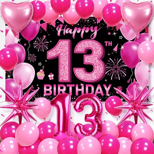 HTDZZI 13th Birthday Decorations for Girls – Hot Pink Happy 13 Banner Backdrop, Official Teenager Party Supplies, 13 Birthday Girl Set with Foil Balloons, Hearts, Latex Balloons, Starbursts