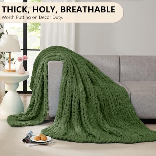 Image of L'AGRATY Chunky Knit Throw Blanket for Couch, 60 x 80 Inches, Moss Green