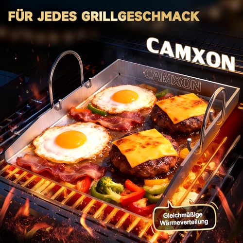 Camxon Universelle Edelstahl Plancha Grillplatte 40.5×31CM mit 4MM verdickt, mit Fettablauf, Spülmaschinenfest inkl. für BBQ Gasgrill & Kohlegrill Geeignet 3