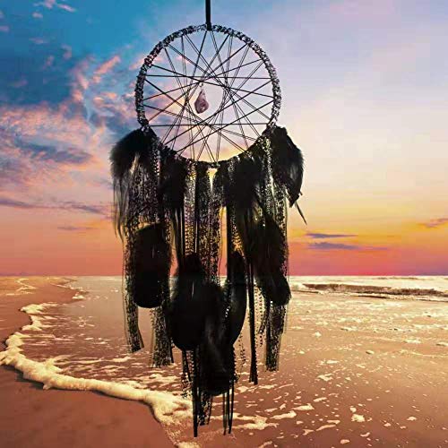 Nice Dream Boho Dream Catcher, Handmade Crochet Lace Dream Catchers with Amethyst Stone for Wall Hanging Home Decor (Black)