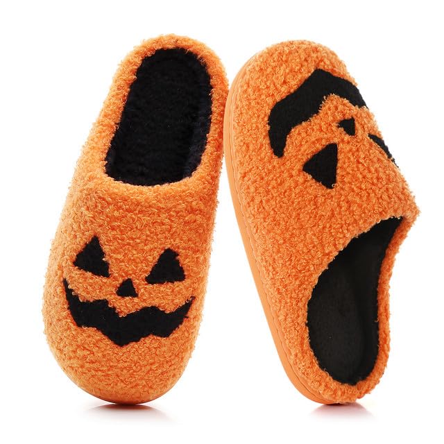 Feionusin Halloween Pumpkin Slippers for Womens Mens Plush Warm Spooky Lantern Pumpkin Slippers Fuzzy Cozy Winter House Bedroom Slippers Halloween Gifts