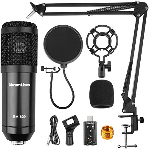 Upgraded Condenser Microphone Bundle for Computer, ChromLives BM-800 Mic with Boom Arm for Gaming, Podcast,YouTube on PC, Recording, Live Streaming,Mic Studio Bundle/Arm Stand (9Pcs Bundle)
