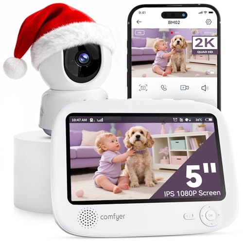 Comfyer 4 split-Screen Smart Babyphone con fotocamera 2K, display HD da 5', telecamera WiFi, visione...