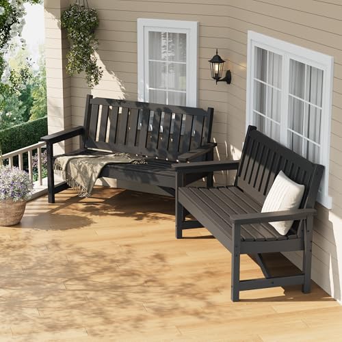Image of Takywep 2‑Seater HDPE Patio Benches Set of 2, Weatherproof Outdoor Bench, Garden Slatted Bench for Front Porch, Deck, Lawn, and Pool, 2 Pack, Grey