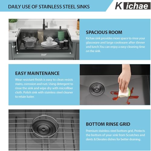 Image of 33 Black Drop In Kitchen Sink Workstation - Kichae 33x19 Drop In Kitchen Sink Black Stainless Steel Topmount 16 Gauge Deep Single Bowl Basin Round Corner
