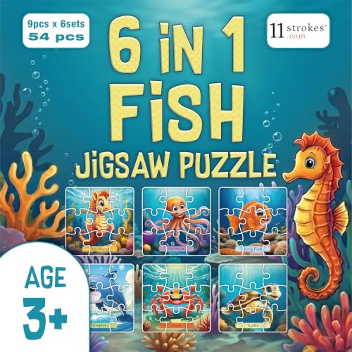 Image of 11 Strokes 6 in 1 Fish Jigsaw Puzzle for Kids Age 3+ | 54 Pieces | Clownfish Dolphin Shark Octopus Turtle Crab | Premium MDF | Ocean Educational Toy