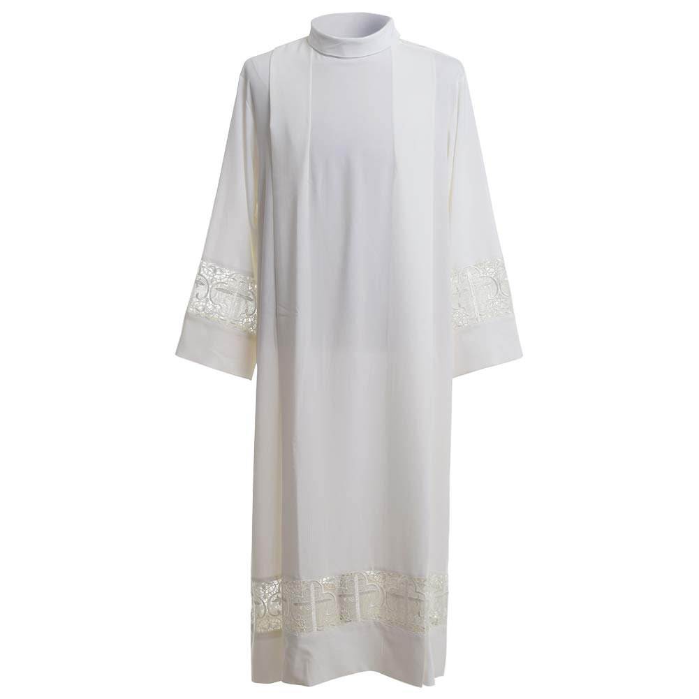 BLESSUME Priest Alb Robe Liturgical Church Garment Cross Lace Box Pleated Alb