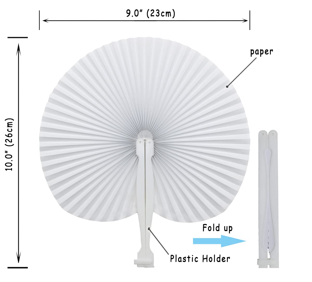 60 Stück weiße Papierfächer, faltbare Handfächer für Hochzeit, runde Papierfächer mit Kunststoffgriff für Geburtstagsparty (rund)