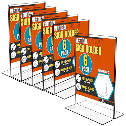 1InTheOffice Acrylic Sign Holder 5x7 Vertical Plastic Stand Up Display Frame, Double Sided Durable Desk Tabletop for Menus Promotions Events and Retail (6 Pack)