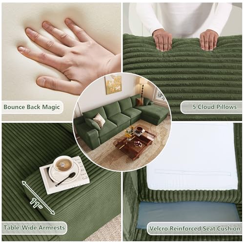 Image of 107 inch Cloud Couch Modular Sectional Sofa for Living Room, L-Shape Boneless Couch with Deep Seat, Modern Corduroy 3-Seater, No Assembly Required (Green,Right-Facing Chaise)