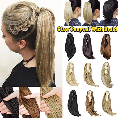 11” Short Claw Ponytail Jaw/Claw In On Ponytail With Braid Synthetic Clip In Hair Extension With Claw/Jaw Drawstring Cute Style Straight(11" bleach blonde)