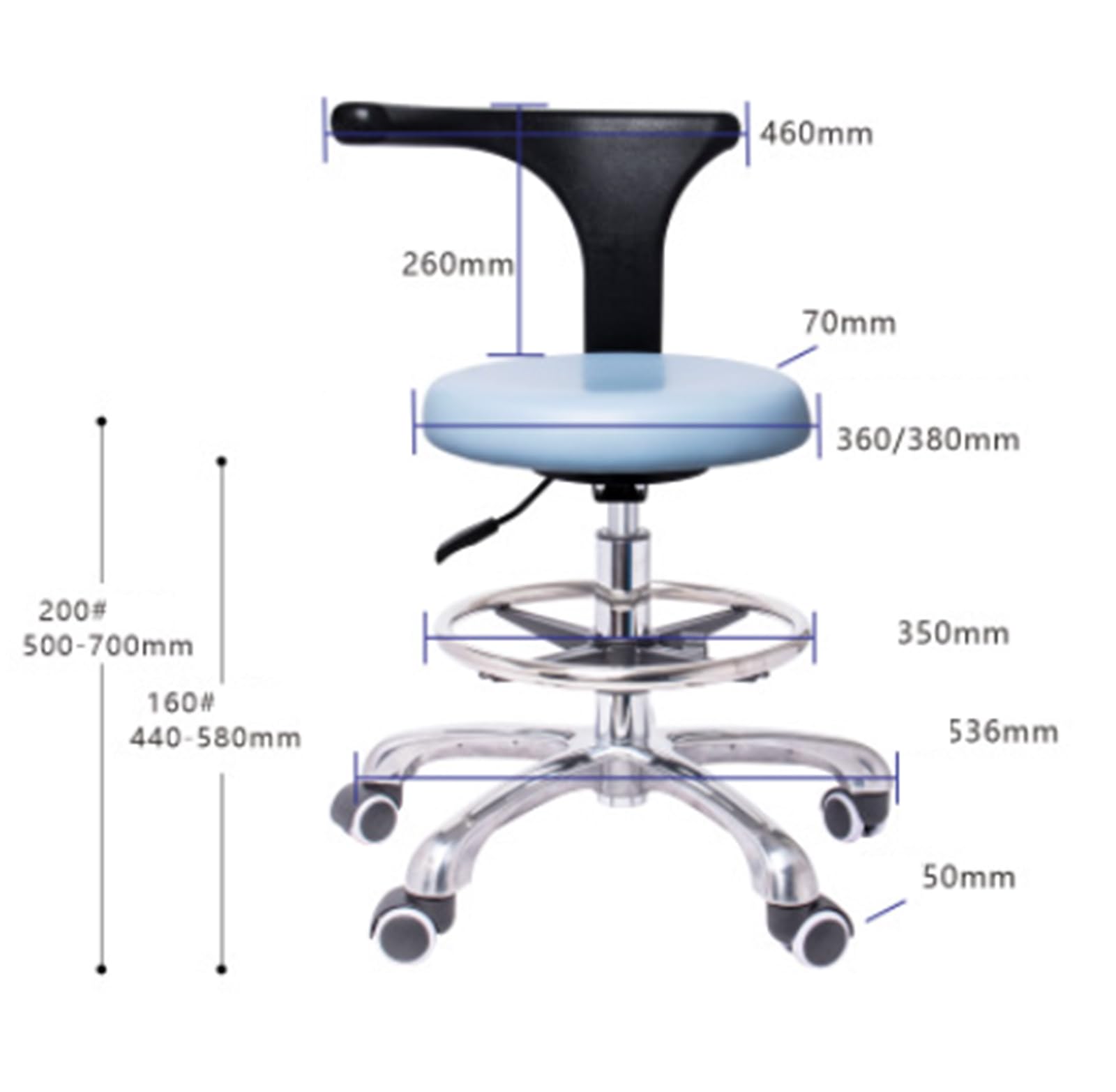 Sedia per assistente odontoiatrico, sgabello girevole a 360°, sgabello per dentista con schienale regolabile in altezza, C, L