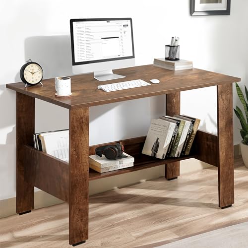 Image of ABOUT SPACE Rustic Wooden Study Table with Storage | Multipurpose Office Desk for Students & Adults | Solid Wood | Brown