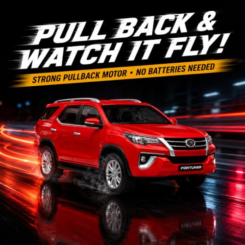 Image of 1:32 Scale Fortuner Die Cast Metal Pull Back Toy Car with Openable Doors Lights and Sound Realistic SUV Model 4x4 Miniature Collectible Vehicle for Kids Boys Girls Gift Toy Durable Red Fortuner Car