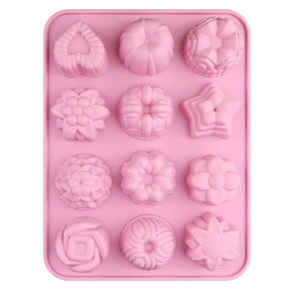 Selecto Bake 12 Cavity Silicone Mould, 3D Flower Heart Fruit Star Shaped Bakeware Mold Cake Baking Mold Tray for DIY Dessert Cake Cupcake Pudding Jelly Chocolate Candy Soap