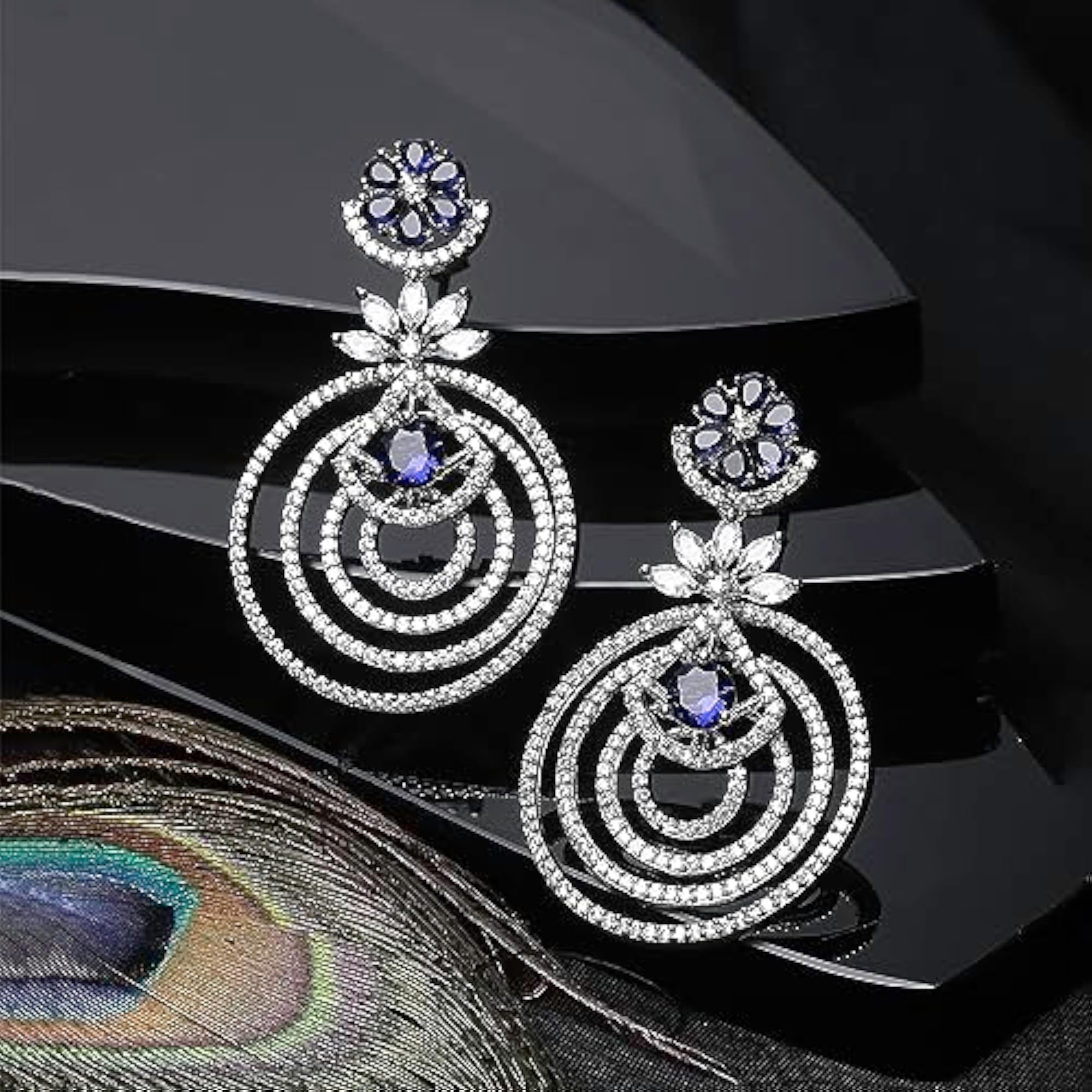 American Diamond Floral Layered Drop Earrings