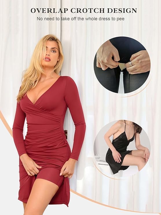 Popilush Red Midi Shapewear Dress V Neck Formal Wedding Dress for Women Built in Shapewear Long Sleeve Bodycon Dress Gift - Image 3