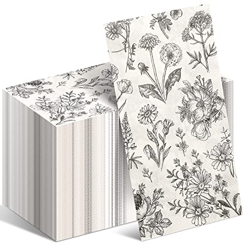 Tatuo Floral Napkins Paper Guest Napkins Black White Decorative Napkins Vintage Disposable Napkins Bathroom Napkins for Christmas Decoupage Birthday Vintage Party Supplies(13 x 15.8 Inch, 100 Pack)