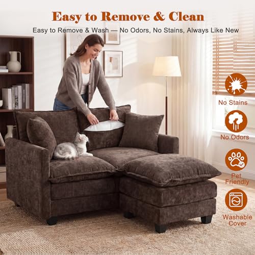 Image of 50'' L-Shape Loveseat Sofa with 22 inch Ottoman, 2 Seat Modern Cloud Couch with 2 Washable Pillows for Small Space Apartment Office Living Room Bedroom, Brown