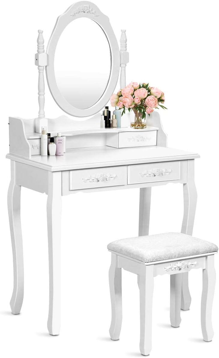 GOPLUS Juego de Tocador de Maquillaje Moderno, Juego de Tocador con Luz Regulable de 3 Colores, Elegante Tocador con Espejo y Cómodo Taburete Tapizado, Dormitorio, Vestidor