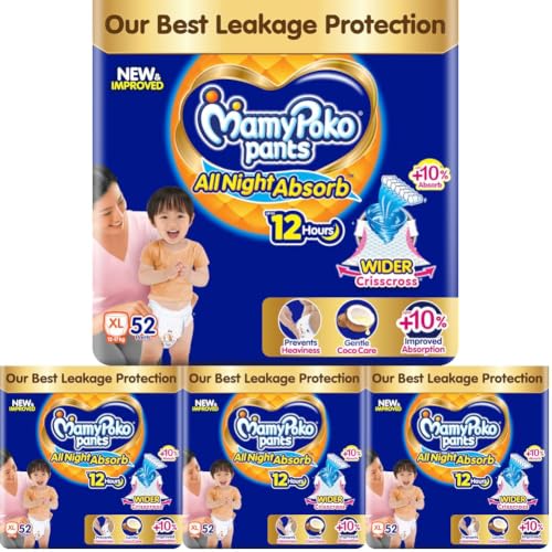 Image of New Mamypoko Pants Premium All Night Absorb| Pant Style Baby Diapers X- Large Size(XL), 52 Count, Ideal for 12-17Kgs|1 Diaper: Upto All Night Absorption now with 10% increased power|Wider Crisscross Sheet|Gentle Coco Care| 12hr Leakage Protection| Prevents Heaviness.