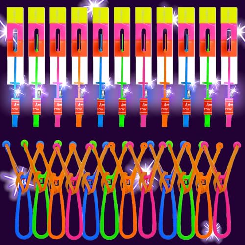Krcilcuk 50 Pcs LED Flying Set, Flying Rocket Copters Outdoor Game Toys Glow in The Dark Party Supplies Party Favors for Kids 8-12,4-8, 25 Slingshot+25 Glow Helicopter