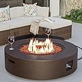 SUNBURY 42 inches Round Propane Outdoor Fire Pit, Gas Patio Fire Table 50,000 BTU Concrete Travertine Design, Circular Base Firepit with Lava Rocks, Waterproof Cover (Brown)