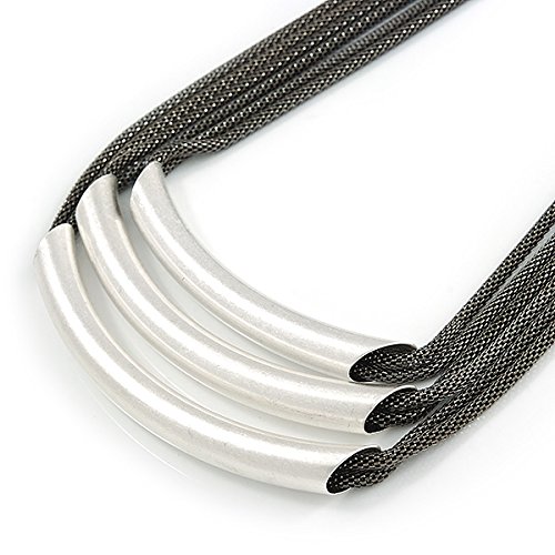 Avalaya Statement 3 Strand Layered Dark Grey Mesh Necklace with Tunnel Detailing - 48cm L/ 6cm Ext - Image 4
