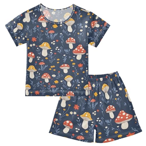 ALAZA Mushroom Flower Navy Blue Pajamas Set Short Sleeve Cotton Sleepwear Summer Pjs 2 Piece 5-14Y