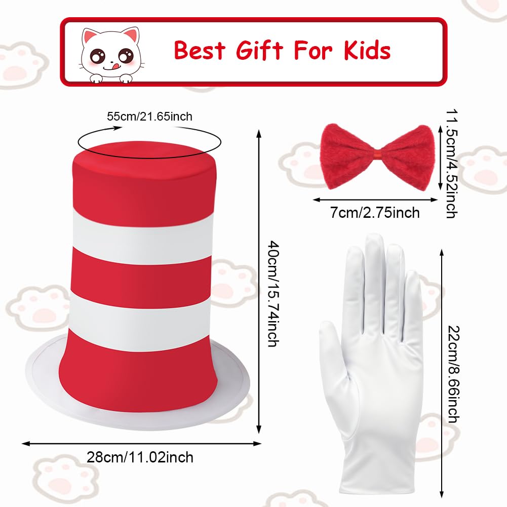 AUYAO Adult Child Halloween Crazy Cat Fancy Dress Costume 3 Pcs Set including White Gloves Red Bow Tie Red And White Striped Hat World Book Day Cat in the Hat Accessory - Image 2