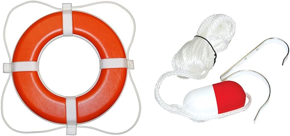 TAYLOR MADE PRODUCTS 364 Life Ring Booy, naranja, 24 pulgadas y Taylor Made 374 Soporte de boya de anillo con línea de elevación blanca de 60 pies