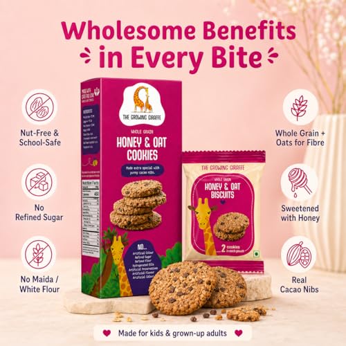Image of The Growing Giraffe Whole Grain Honey & Oat Cookies Made Extra Special with Yummy Chocolate Chips Tasty, Healthy & Nutritious Cookies, Artificial Flavor & Color Free - 160 Grams (Pack of 2)