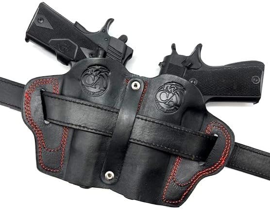 for 5" 1911 and More, Dual 2-Gun Small-of-The-Back (SOB) Belt Holster, Black Leather with Red Stitching, Special Sports Edition